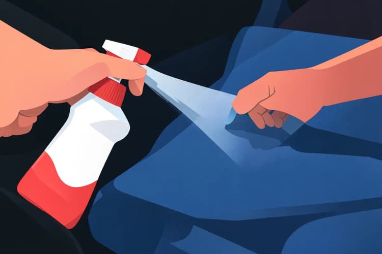 Uma pessoa borrifando um produto de limpeza em uma capa de banco de carro de tecido azul, em um ambiente externo com luz do dia.