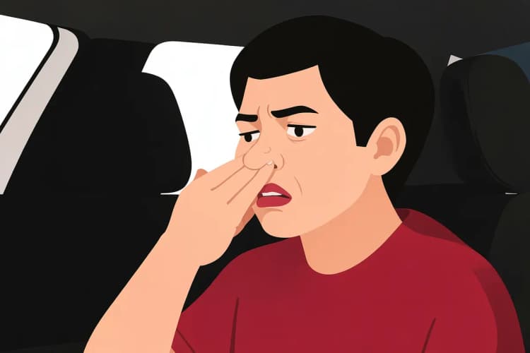 Pessoa cheirando banco de carro com expressão de desagrado, indicando odor forte.