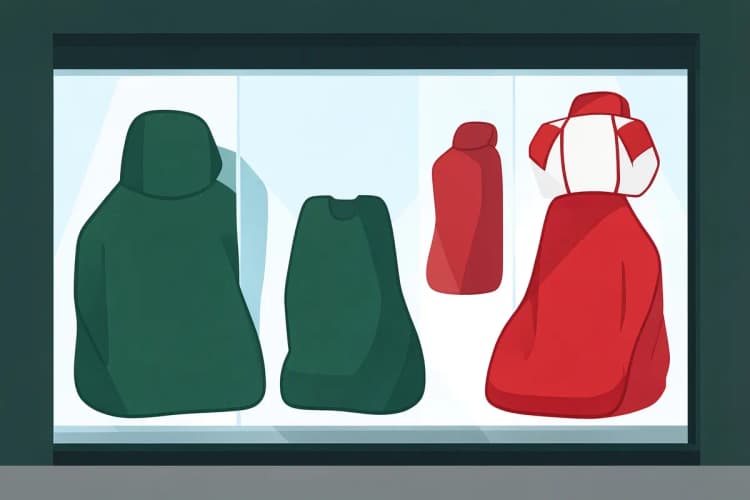 Vitrine de loja com diversas capas impermeáveis para bancos de carro à mostra