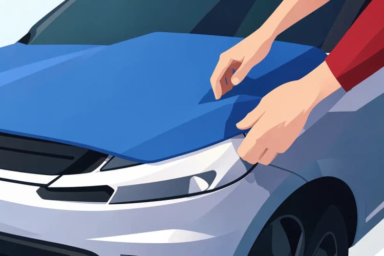 Close-up de uma capa de carro azul sendo colocada sobre um veículo.