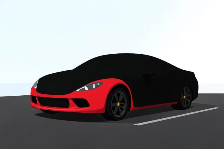 Um carro esportivo vermelho coberto com uma capa preta em um ambiente externo.