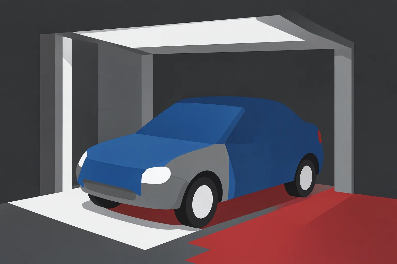 Um carro cinza coberto com uma capa azul, estacionado em uma garagem interna.
