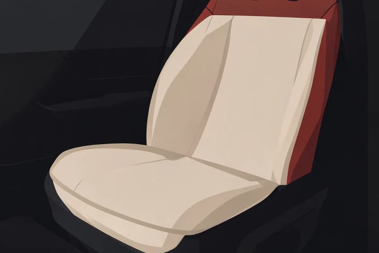 Um banco de carro com capa de couro bege, em um ambiente interno com luz suave.