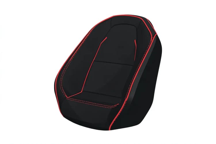 Banco de carro com capa de couro esportiva preta e detalhes vermelhos.